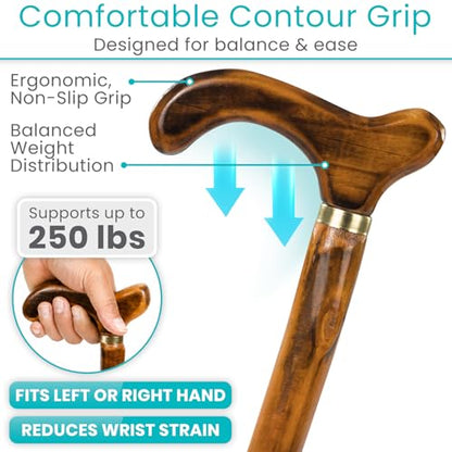 Vive Wooden Walking Stick Cane - for Men, Women, & Seniors - 36 Inch Single