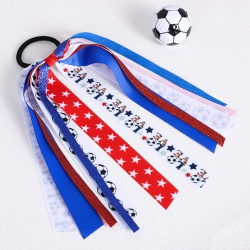 Girls Soccer Ponytail Cheer Bow with Streamers Glitter Red White Blue Sports Hair Ribbons Elastic Hair Tie Bands Soccer Team Game Day Accessories Gift for Cheerleader Moms Player Women - color: Soccer-U