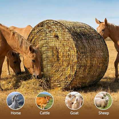 Round Bale Hay Net, 4x4 FT Heavy Duty Hay Net Slow Feeder for Horses Cattle Goats Sheep, Round Bale Polyester Pasture Stable 1.7" Hloes Design Hay Saver Durable