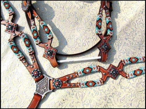 Showman Turquoise & Orange Beaded Leather Headstall & Breast Collar Set