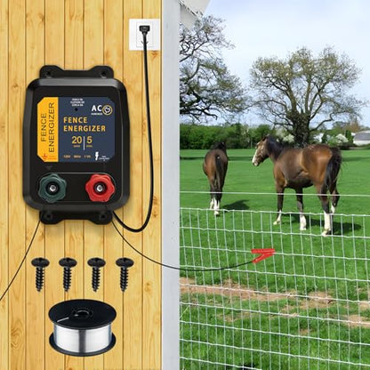 PE5 Electric Fence Charger for Livestock Containing Pets and Animal Control-5 Miles/ 20 Acres AC Powered 120 Volt (with Aluminum Wire) 0.20 Joule - size: PE5 with wire