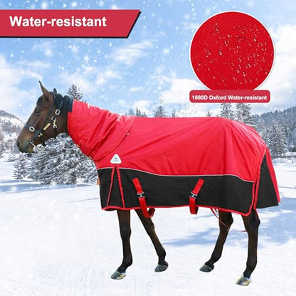 Horse Blanket Winter Horses Blankets for Real Horses, Turnout Blanket 300g Filling Liner 1680D Ripstop Horse Stable Blanket, Horse Care Blanket 78in(145) Red