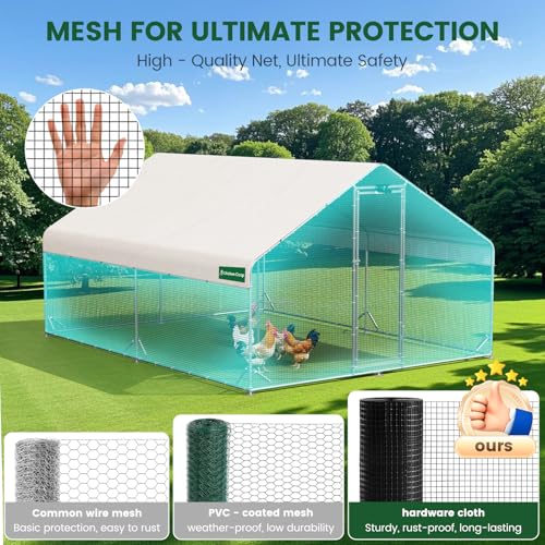 CHIKENCOOP 2-Room Metal Chicken Coop Run, Hardware Cloth, Solar Light - size: 156.0"L x 118.0"W x 78.0"H