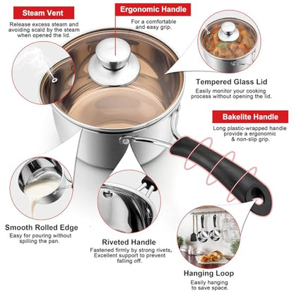 2QT Saucepan with Lid, Joyfair 18/10 Stainless Steel Small Sauce Pan Pot | Kitchen Cookware Milk Pot with Glass Lid for Cooking Stewing Boiling Spaghetti Soup, Heat-proof Handle, Dishwasher Safe - size: 2 Quarts