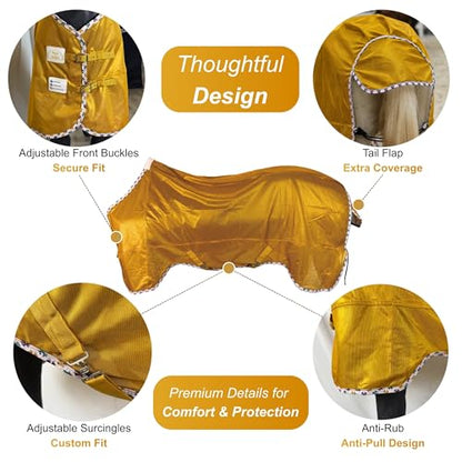 BARN & STABLE Breathable and UV Protective Tear-Resistant Mesh Horse Fly Sheet Comfy Equine Summer Sheet with Removable Web Leg Straps - color: Golden Glow, size: 78 in