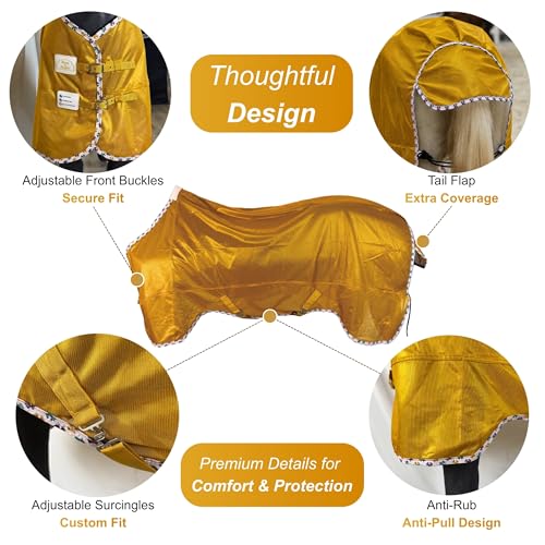 BARN & STABLE Breathable and UV Protective Tear-Resistant Mesh Horse Fly Sheet Comfy Equine Summer Sheet with Removable Web Leg Straps - color: Golden Glow, size: 81 in