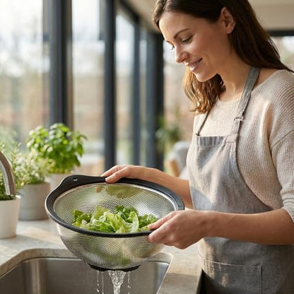 304 Stainless Steel Colander 3-Quart, Heavy Duty Metal Strainer with Riveted Handles, Micro-Perforated Food Strainer for Draining Pasta, Orzo, Rice, Berry, Stable Ring Base, Rust Free - size: 3QT-Black edge