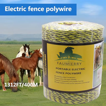 Portable Electric Fence Poly Wire 1312 Feet 400 Meters, 6 Stainless Steel Conductors for Reliable Conductivity, UV Treatment, Rust Resistance - Yellow & Black - size: 1312ft
