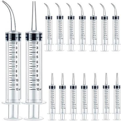 TIHOOD 16PCS 12ml/cc Plastic Syringes Set, Syringe with Curved Tip and Straight Tip, Disposable Irrigation Syringe Mouthwash Cleaner for Oral Care, Animal Feeding, with Measurement