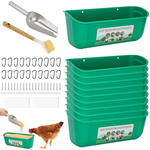 10 Pack Fence Feed Feeder 4.5 Quart Hanging Chicken Feeder Trough with Brush & Scoop Green Goat Hanging Fence Feeders Feeder with Hooks Screws & Zip Tie for Livestock Feeding Container Goats Supplies - color: Green, size: 10 Pack