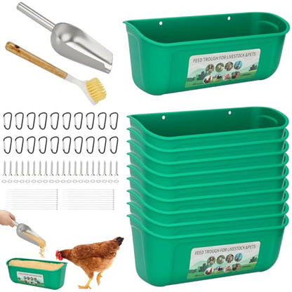 10 Pack Fence Feed Feeder 4.5 Quart Hanging Chicken Feeder Trough with Brush & Scoop Green Goat Hanging Fence Feeders Feeder with Hooks Screws & Zip Tie for Livestock Feeding Container Goats Supplies - color: Green, size: 10 Pack