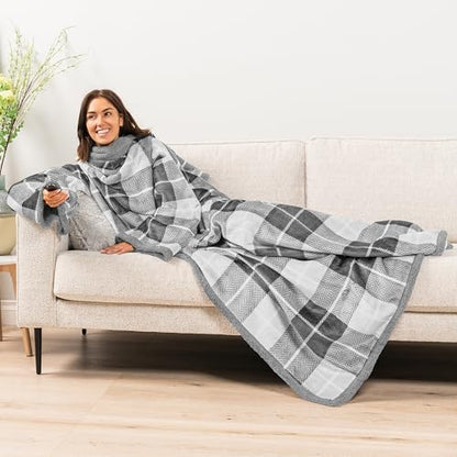 PAVILIA Sherpa Wearable Blanket with Sleeves and Pocket, Plush Thick Cozy Body Blanket Wrap for Adult Women Men, Christmas Gift for Wife Mom, Plaid Light Grey - color: Plaid Light Gray