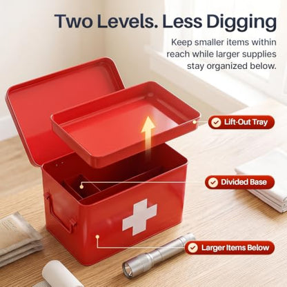 Flexzion Large Metal First Aid Box Empty, 8.5-Inch, Red with White Cross - color: Red, size: 8.5 Inch without Latch Lock