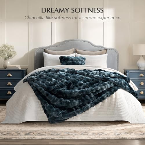 EverGrace Faux Rabbit Fur Bubble Throw Blanket, 60"x80", Marble Deep Indigo - color: Deep Indigo Marble, size: 60"x80"