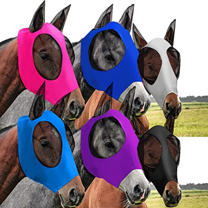 Sadnyy 6 Pcs Horse Fly Masks with Ears Comfort Breathable Mesh Fly Masks Net UV Protection Large Eye Space Full Face Covering Elasticity Soft for Horses(Medium) - size: Medium