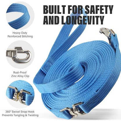 26FT Horse & Dog Training Leash - Lunge Line with 360° Swivel Snaps - color: Light Blue