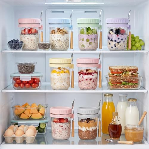 16oz Glass Overnight Oats Containers with Lids & Spoons, 6 Pack MultiColor - color: Misty Colors - 6 Pack
