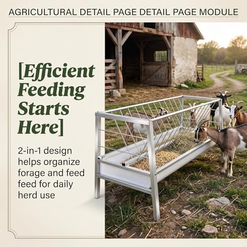 2-in-1 Goat Hay Feeder with Grain Water Pan, 90 Gallon Capacity, 59" Long Rust Resistant Galvanized Livestock Feeding Trough, Heavy Duty Steel for Goats, Sheep, Cow, Horse
