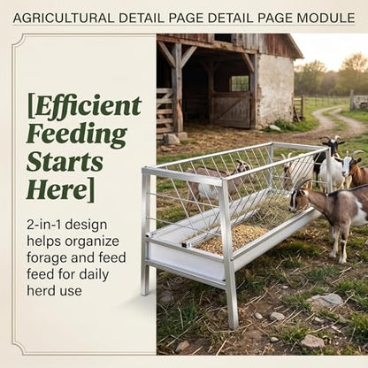 2-in-1 Goat Hay Feeder with Grain Water Pan, 90 Gallon Capacity, 59" Long Rust Resistant Galvanized Livestock Feeding Trough, Heavy Duty Steel for Goats, Sheep, Cow, Horse