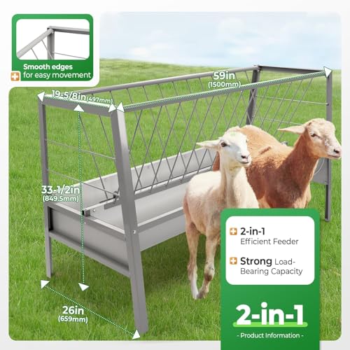 Pasture Hay Feeder 2 in 1 55 Gallon 59 in Livestock Feed Trough - color: Silvery