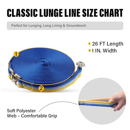 26FT Horse & Dog Training Leash - Lunge Line with 360° Swivel Snaps - color: Yellow/Light Blue/Royal Blue