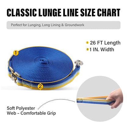 26FT Horse & Dog Training Leash - Lunge Line with 360° Swivel Snaps - color: Yellow/Light Blue/Royal Blue