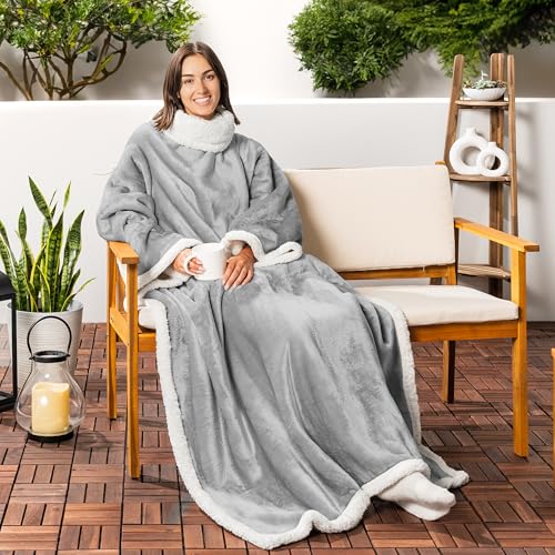 PAVILIA Sherpa Wearable Blanket with Sleeves and Pocket, Plush Thick Cozy Body Blanket Wrap for Adult Women Men, Christmas Gift for Wife Mom, Light Grey - color: Light Gray