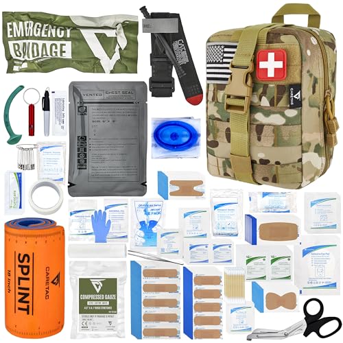 CareTac IFAK Trauma & First Aid Kit with CAT Gen 7 Tourniquet – Military-Grade Tactical Medical Kit Includes Israeli Bandage, Chest Seal, Splint & CPR Mask for Bleed Control, Gunshot Wounds & More - color: Camo