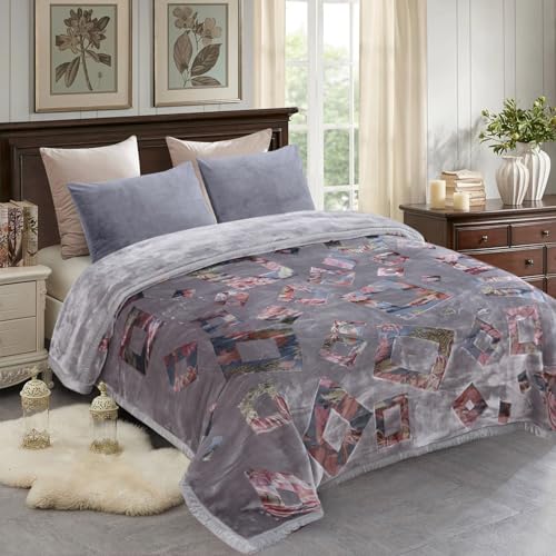 JML Raschel Fleece Blanket King Heavy,10.5 lbs, 87" x 94", Grey Frames | Korean Style, 2 Ply A&B Printed Embossed, Plush Soft Thick Warm for Winter - color: Grey Frames