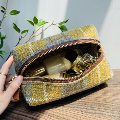 TAILORMAP Harris Tweed Wool Cosmetic Bag, Large Capacity Scottish Tartan Handmade Makeup Organizer, Stain-Resistant Travel Toiletry Pouch for Women (Yellow) - color: Yellow