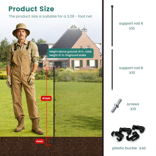 4FT Metal Fence Posts 10 Pack, Garden Lawn Wire Fencing Stakes | Easy Setup, Adjustable U-Clips & Segmented Structure Fit All Wire Fences Spray Coated to Resist Rust and Water