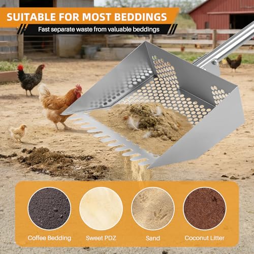 Chicken Poop Scooper & Rake 2-in-1,Stainless Steel Shovel Head Chicken Coop Scoop with 22 to 63" Adjustable Handle,Sifting Litter Shovel Scoop for Chicken Coop/Goat Stall/Stable Cleaning