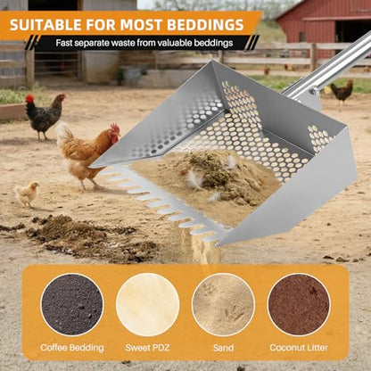 Chicken Poop Scooper & Rake 2-in-1,Stainless Steel Shovel Head Chicken Coop Scoop with 22 to 63" Adjustable Handle,Sifting Litter Shovel Scoop for Chicken Coop/Goat Stall/Stable Cleaning