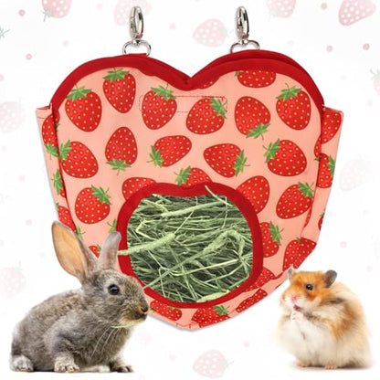 Estivaux Rabbit Hay Feeder Bag Strawberry Guinea Pig Hanging Hay Feeding Bag with Hole Pet Storage Dispenser for Chinchilla Hamster Bunny Small Pet Animals - color: Strawberry