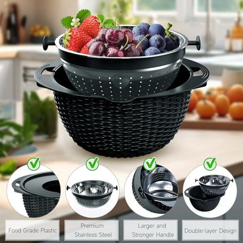 4-1 Colander with Bowl Set - Pasta Strainer - Colander for Kitchen - Strainers and Colanders Rice Strainer Fruit Cleaner Veggie Wash Sink Strainer Kitchen Essentials - Black - color: Black