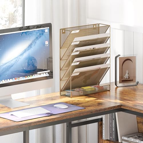 EasyPAG 5 Tier Wall File Holder, Mesh Hanging Folder Organizer with Classify Label, Versatile Desk File Holder, Vertical Wall Mounted Mail Organizer for Office Home Cubicle, Gold - color: Gold