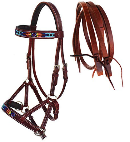 CHALLENGER Horse Western Leather Tack Beaded Bitless Sidepull Bridle Reins Brown 77RS16 - color: Mahogany/Beaded