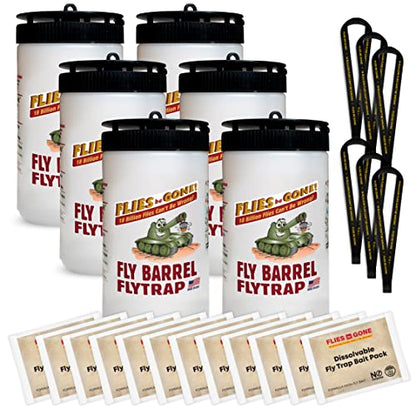 Flies Be Gone Outdoor Fly Trap 6-Pack - Reusable Container, Patent Pending Screw Lid, Suspension Strap & 12 Protein-Powered Attractant Packs - Best Fly Catcher for Outdoor Home and Commercial Use.