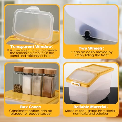 Sunnyray 4 Pcs Rice Storage Container Bulk 27.6 lb Airtight Flour Container with Wheels and Lids Measuring Cup Clear Pet Food Dog Birds Cat Food Bin Grain Cereal Organizer Box(Yellow) - color: Yellow