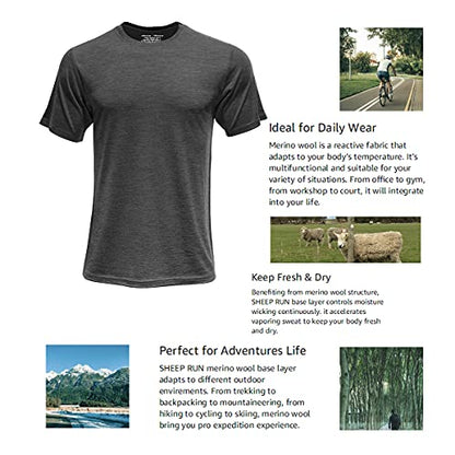SHEEP RUN Men's Merino Wool Lightweight Hiking Running Workout Breathable Base Layer T Shirt - color: Dark Grey, size: X-Large