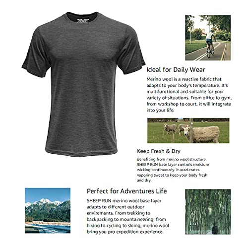 SHEEP RUN Men's Merino Wool Lightweight Hiking Running Workout Breathable Base Layer T Shirt - color: Dark Grey, size: Large