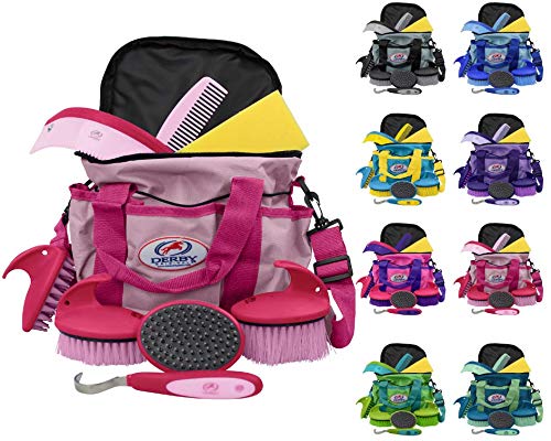 Derby Originals 9Piece Horse Grooming Set with Matching Nylon Carry Bag - Available in 8 Fun Colors, Hot Pink & Pink - color: Hot Pink/Pink