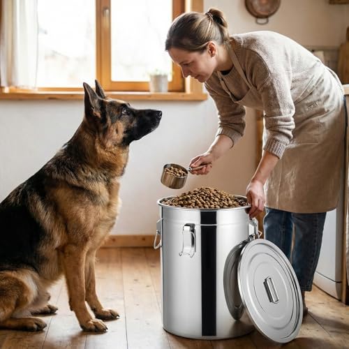 Lounsweer 2 Pack Stainless Steel Dog Food Storage Container with Lid and Locking Clamp Metal Airtight Container Large Stainless Steel Bucket with Food Scoop for Pet Feed(17 L) - size: 17 L