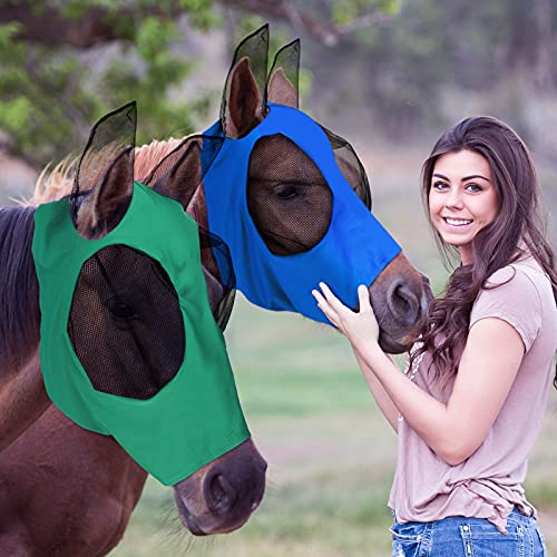 Weewooday 2 Pcs Horse Fly Mask with Ears, Soft Stretchy Horses Face Masks for Flies, Breathable Mesh Eye Cover, UV Protection Horse Masks for Pasture, Barn, Turnout(L,Royal Blue, Dark Green) - color: Royal Blue, Dark Green, size: L