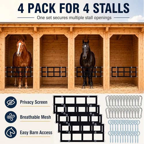 Zonon 4 Pack 48" x 20" Horse Stall Guard Gate for Horses, Heavy Duty Polyester Stall Door Guard with Adjustable Straps, Hooks and Screws, Black Stable Gate Barrier for Barns, Stables, Breeding Farms