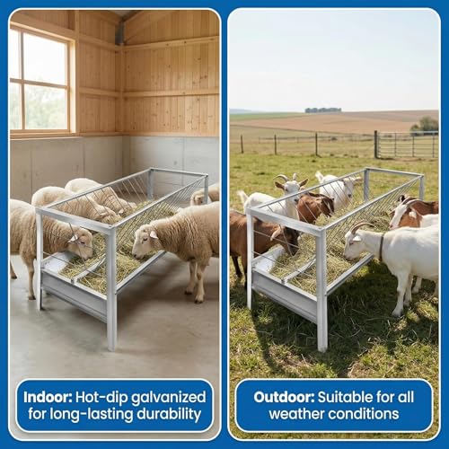 Goat Feeder, 96 Gallon Hay Feeder Goat with Detachable Grain Pan, Heavy Duty Stainless Steel Goat Hay Feeder, Suitable for Goats, Sheep, Horses, Easy Assembly in Farm, Silver Finish