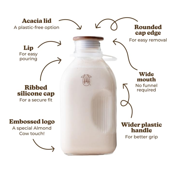 Almond Cow - Glass Pitcher with Lid and Spout, Glass Bottle Milk Container for Refrigerator, Clear Milk Jar Bottles, Food-Grade Liquid Container - 60 fl oz Capacity, 5 x 4 x 10 Inches - size: Glass Pitcher - 60 fl oz (Pack of 1)