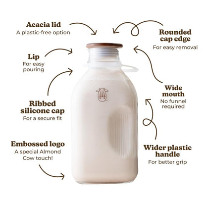 Almond Cow - Glass Pitcher with Lid and Spout, Glass Bottle Milk Container for Refrigerator, Clear Milk Jar Bottles, Food-Grade Liquid Container - 60 fl oz Capacity, 5 x 4 x 10 Inches - size: Glass Pitcher - 60 fl oz (Pack of 1)