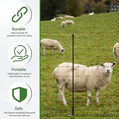Electric Fence Netting 42.5" H x 164'L | with Posts and Double-Spiked Stakes, Portable Livestock Nets for Backyards, Homesteads, Gardens, Farms, and Ranches - size: 42.5"H x 164'L