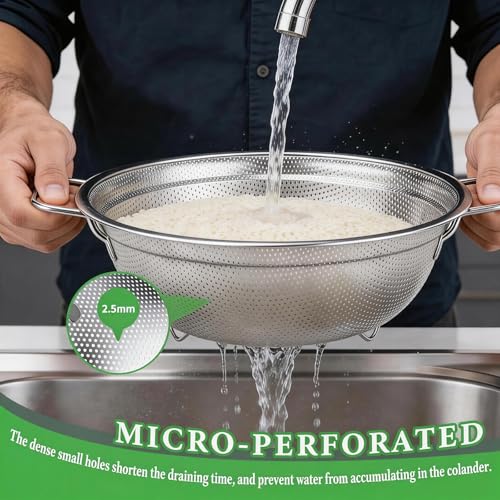Stainless Steel Colander Set of 3, 18/8 Food Grade Steel Kitchen Strainers, 2, 3 & 5 Quart Metal Pasta Strainers with Welded Handles, Non-Slip Feet, 2.5mm Precision Holes, Dishwasher Safe - color: Stainless Steel